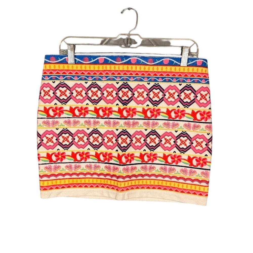 Festival Embroidered Boho Mini Skirt Cream Multi Color Geometric Floral Large